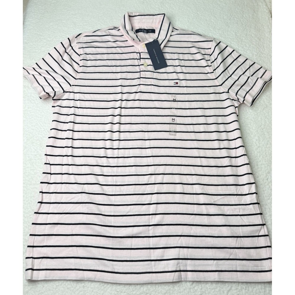 NWT Tommy Hilfiger Polo Mens Sz M Pink Striped Short Sleeve Shirt Casual Preppy